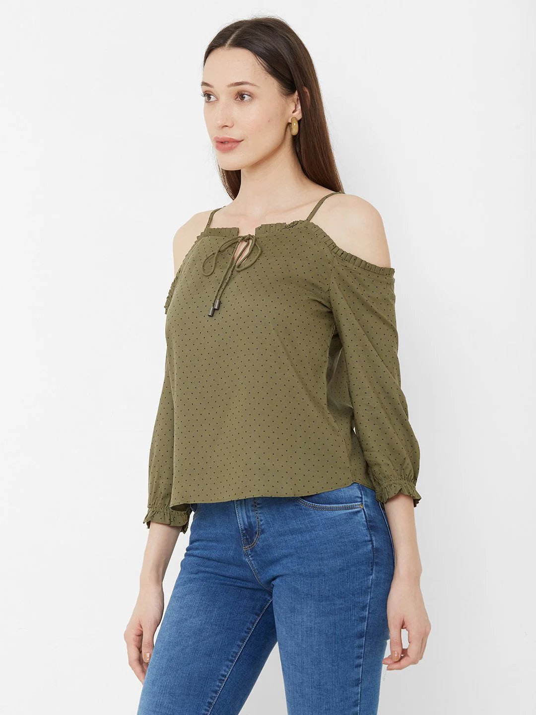 Women Olive Polka Dot Top - Image 4