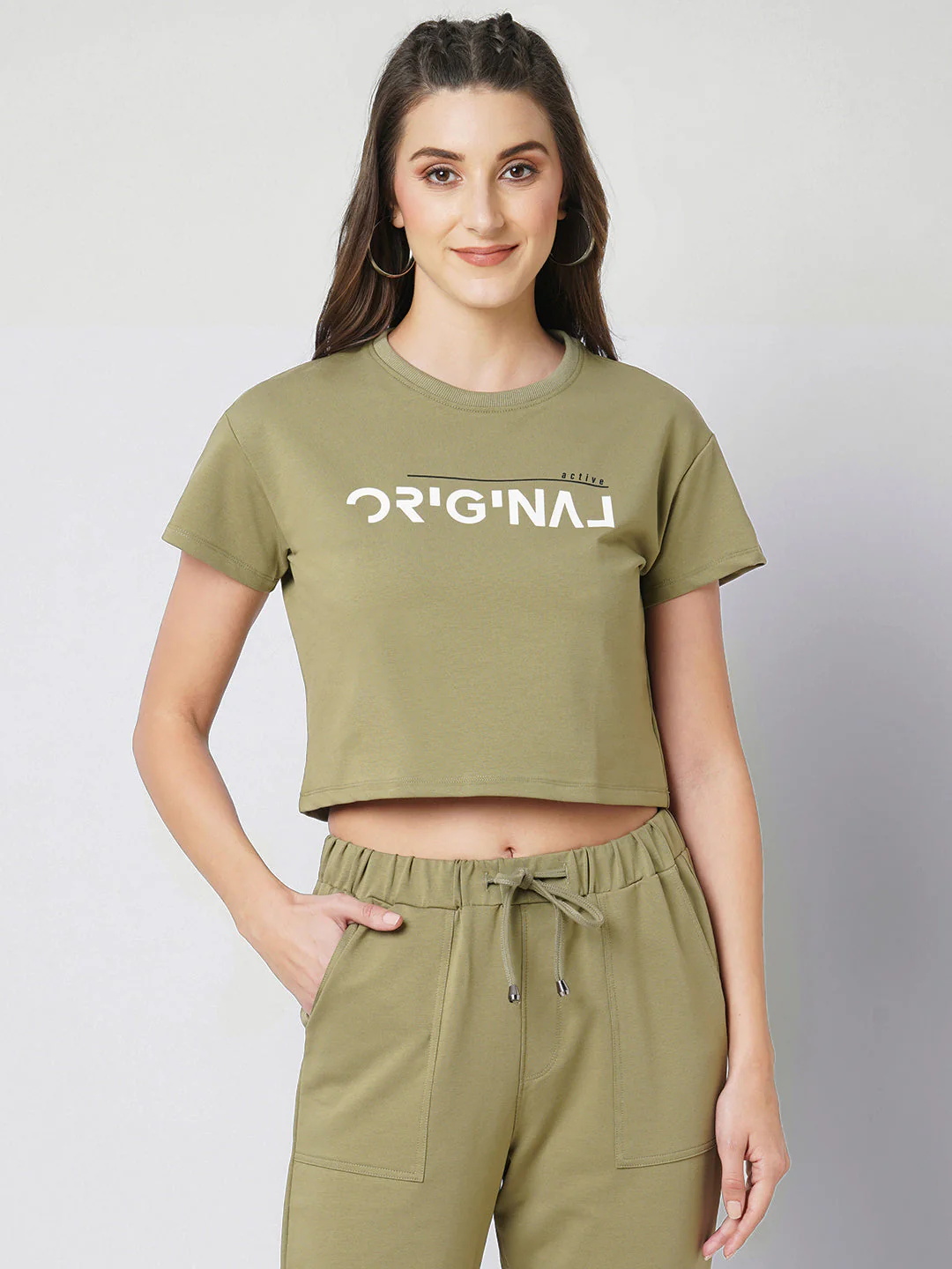 Women Olive Slim Fit Crop Athleisure Top