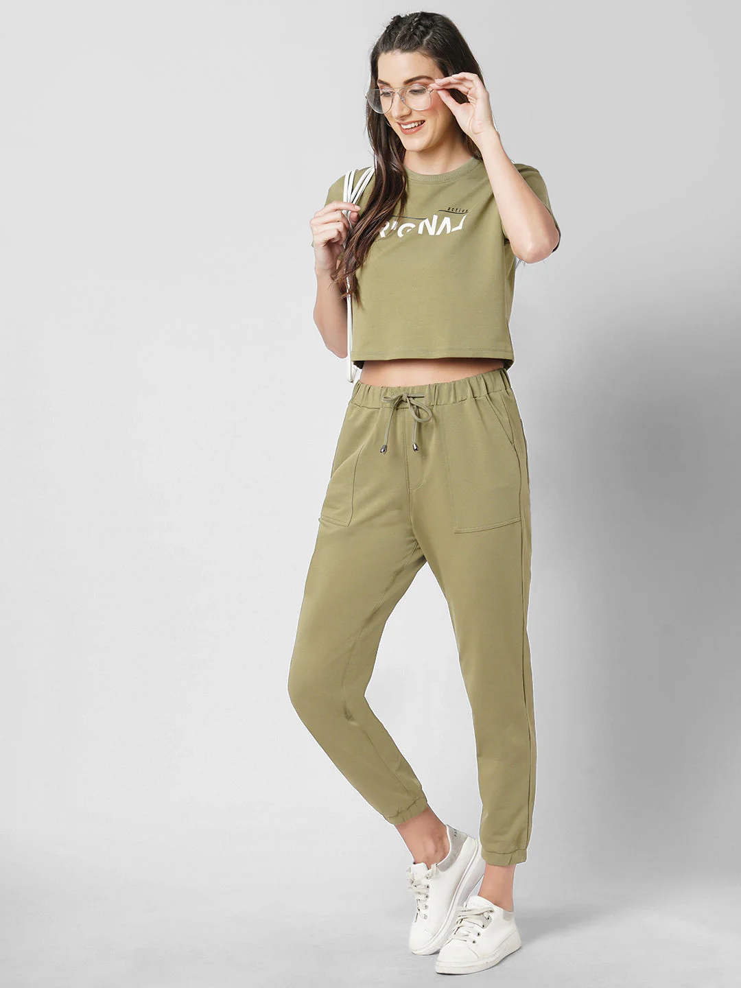 Women Olive Slim Fit Crop Athleisure Top - Image 2