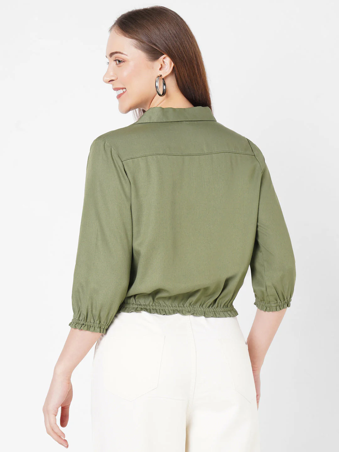 Women Olive Solid Crop Shirt - Image 3