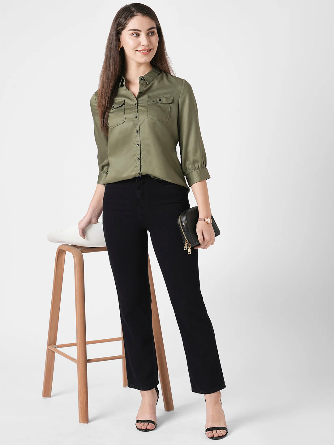 Women Olive Solid Shirt - Image 4