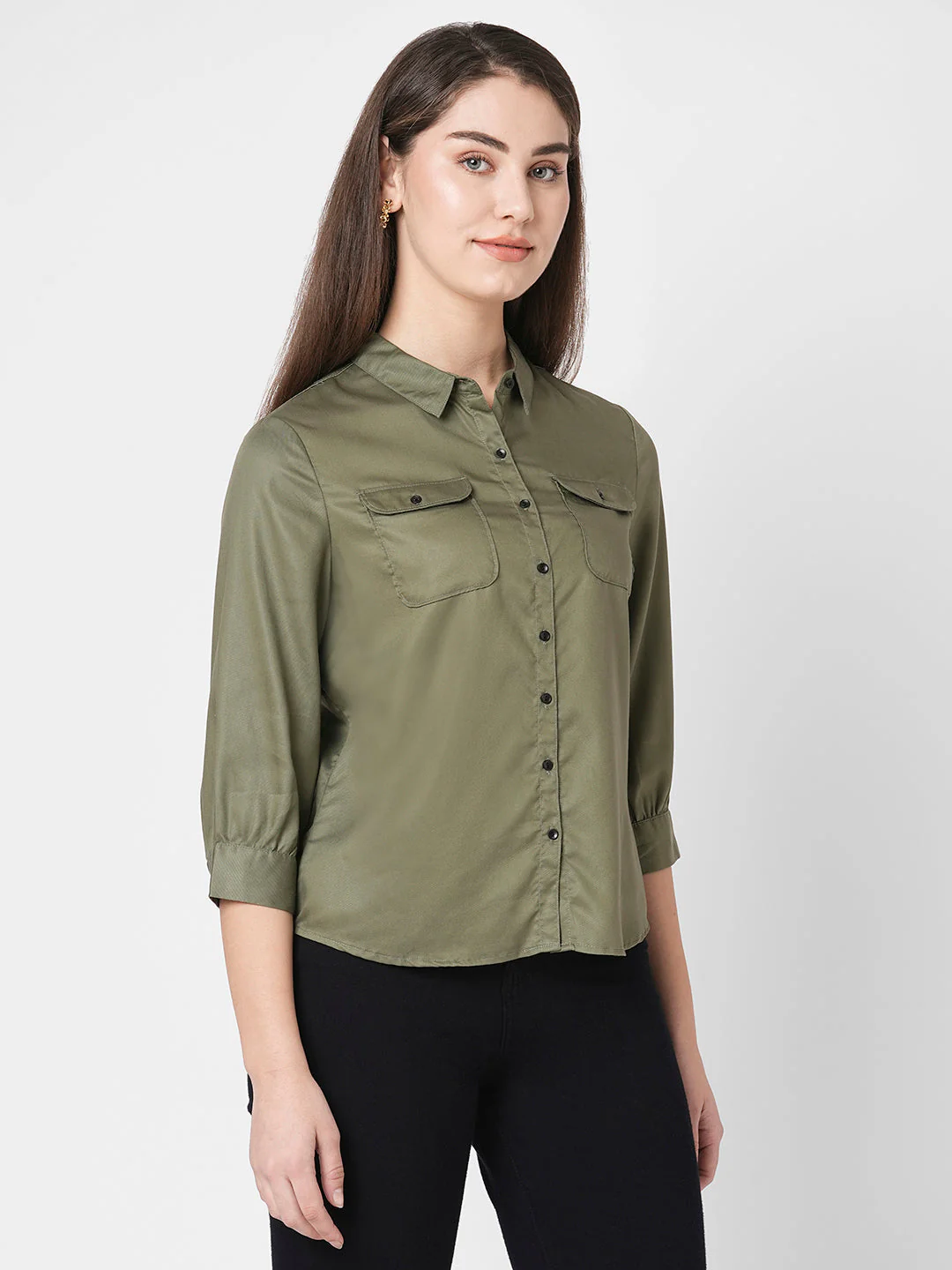 Women Olive Solid Shirt - Image 5