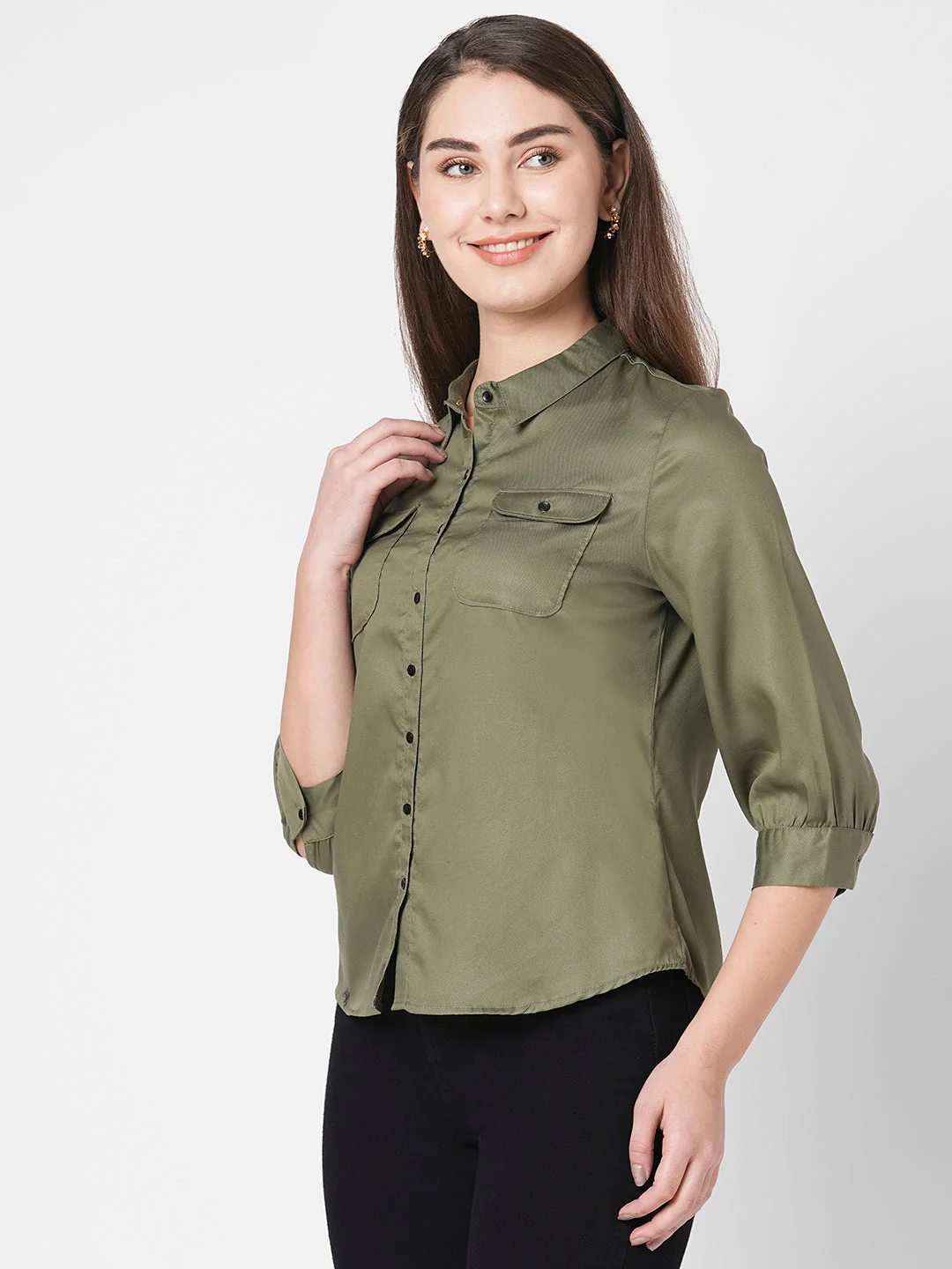 Women Olive Solid Shirt - Image 6