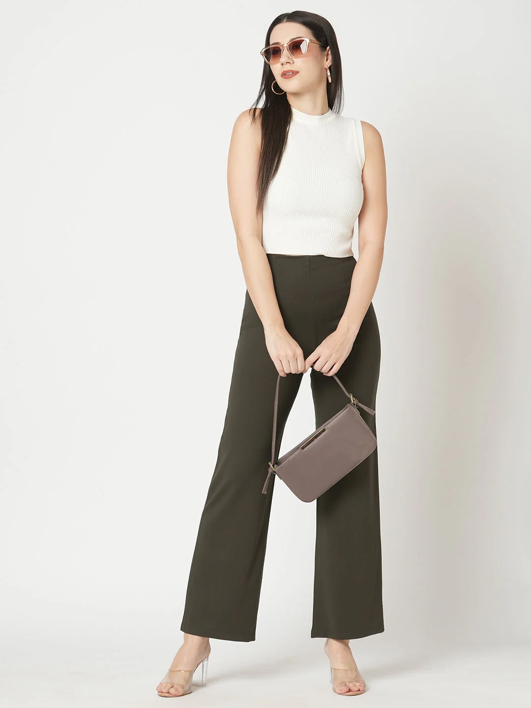 Women Olive Straight Wide Leg Treggings - Image 3