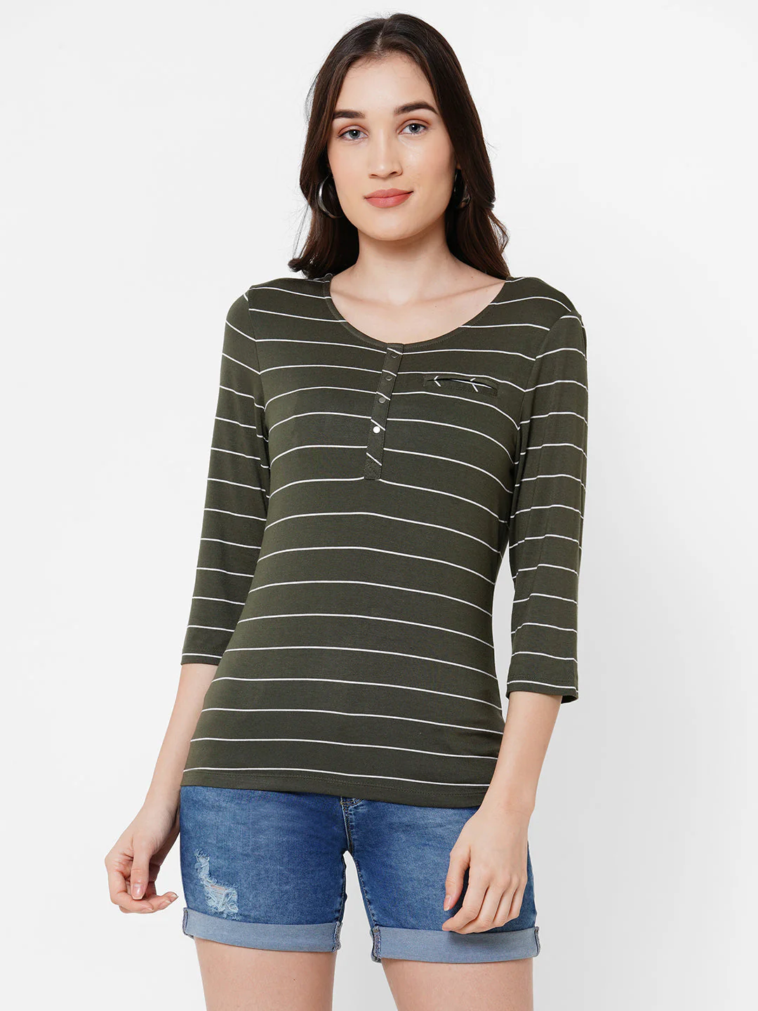 Women Olive Stripe T-Shirt - Image 2