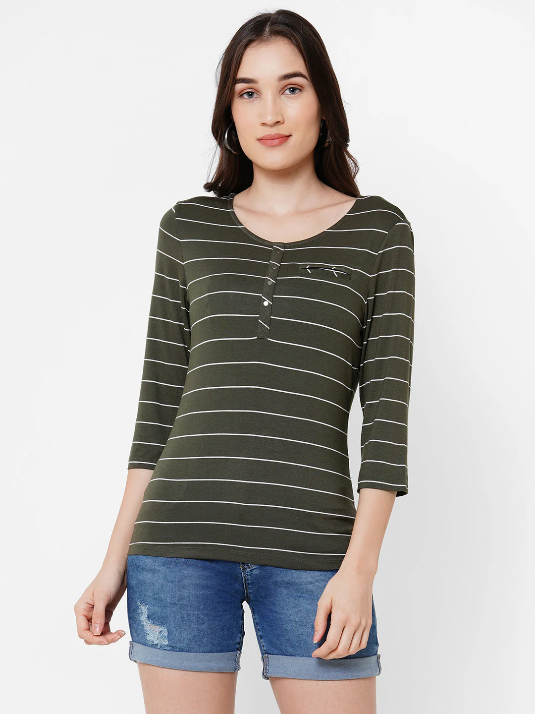 Women Olive Striped Slim T-Shirt