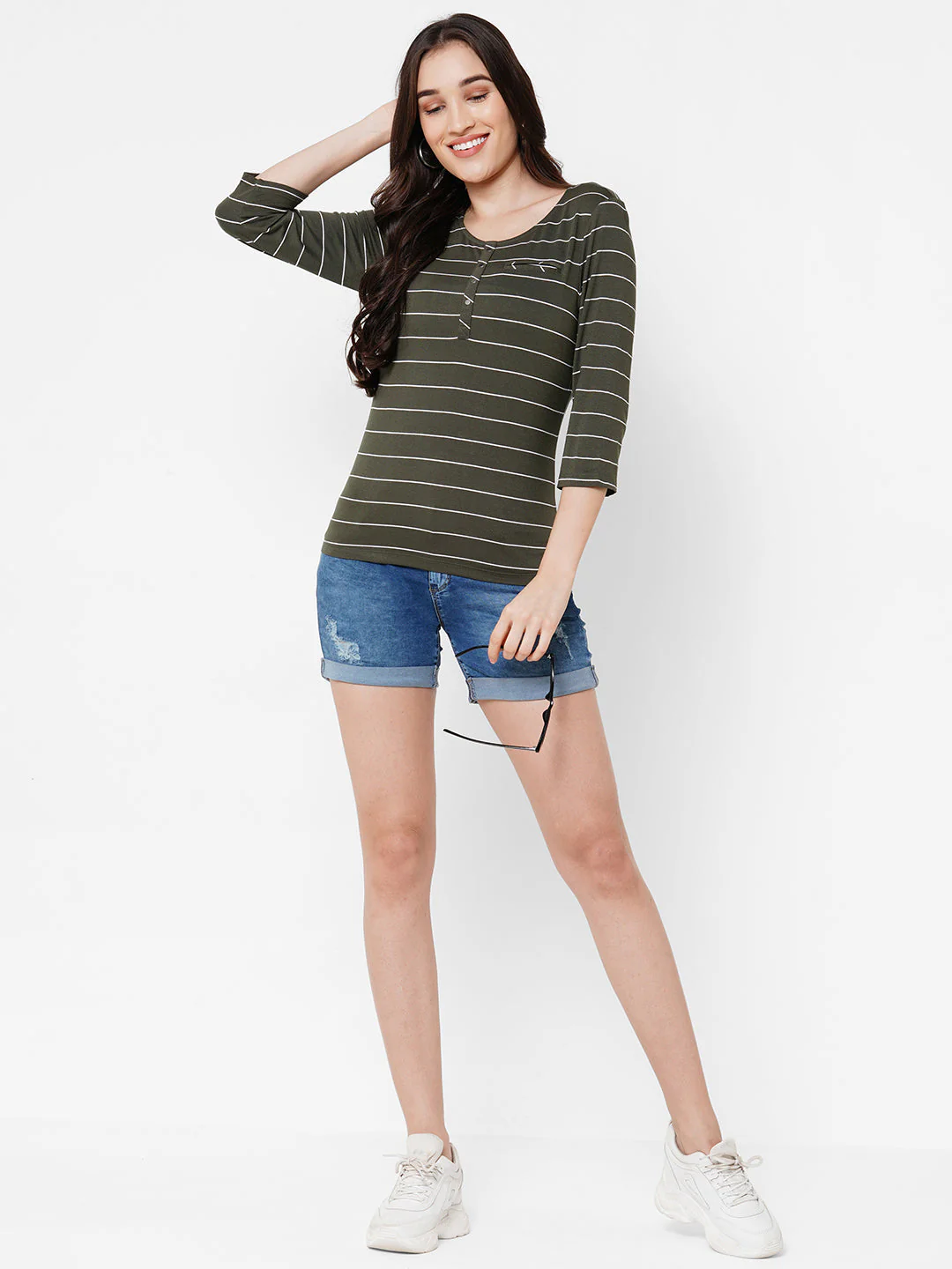 Women Olive Striped Slim T-Shirt - Image 2