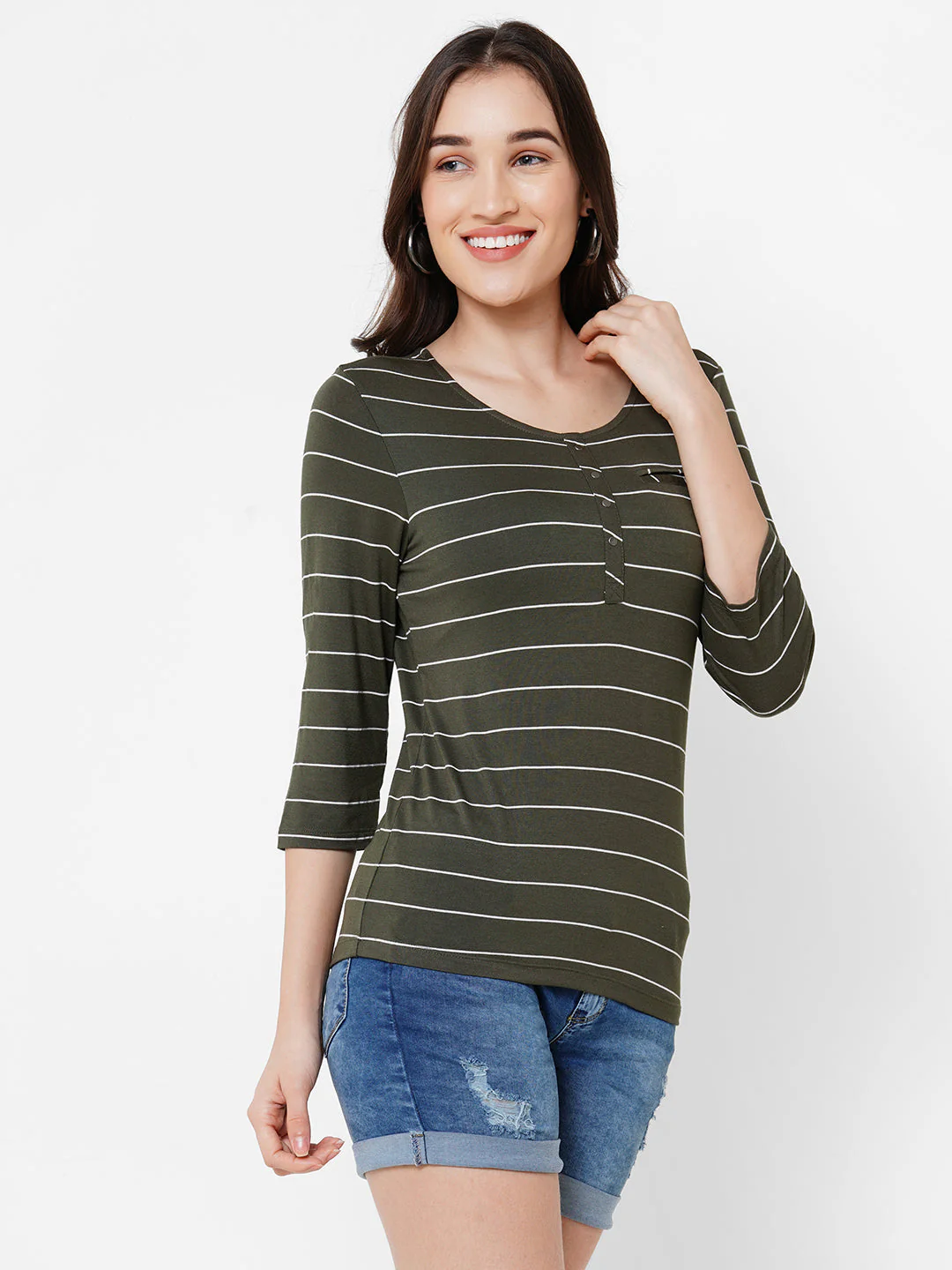 Women Olive Striped Slim T-Shirt - Image 4