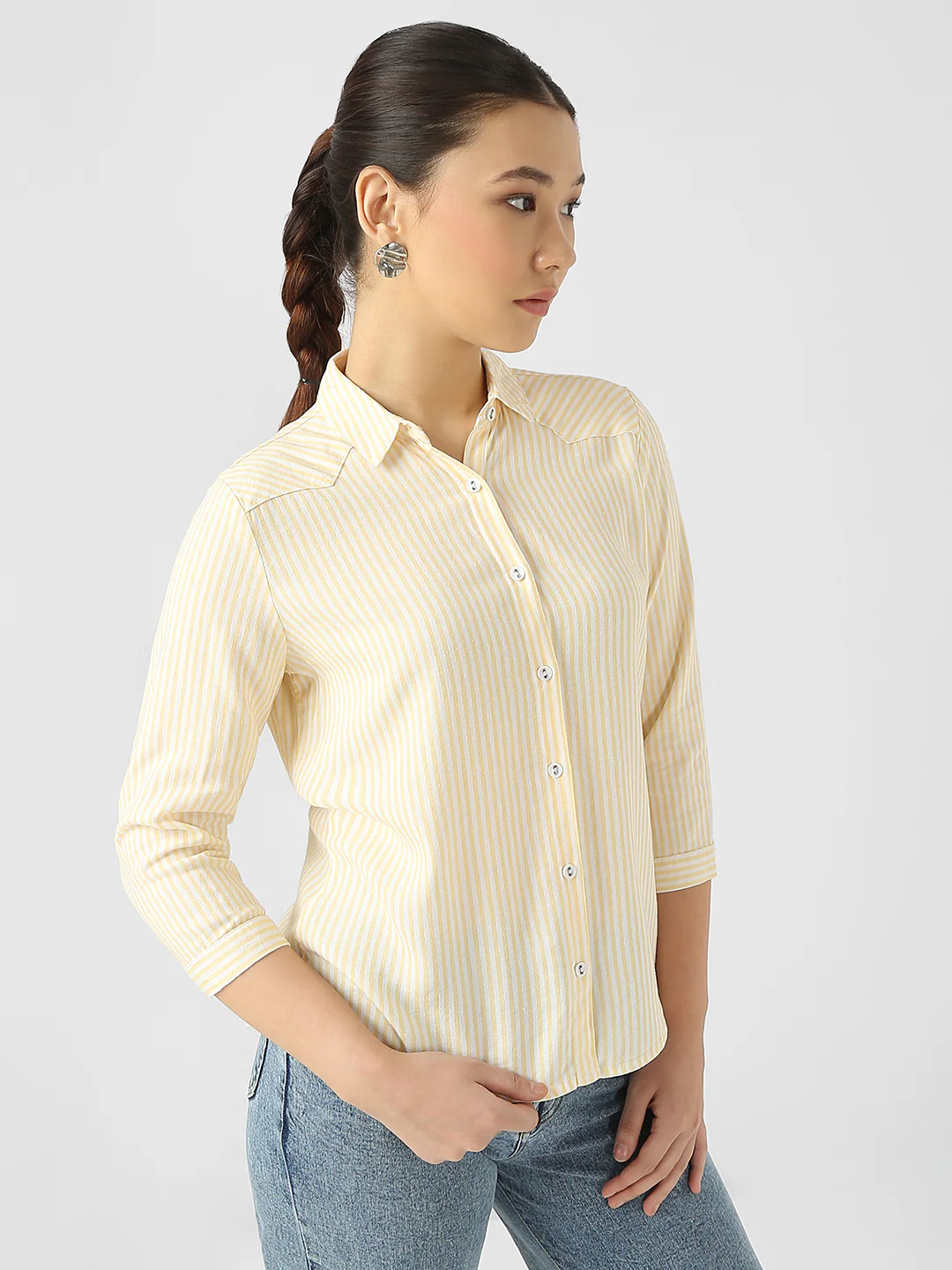 Women Pale Yellow/White Stripe Shirt - Image 4