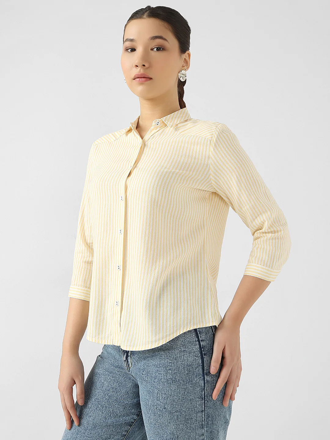 Women Pale Yellow/White Stripe Shirt - Image 6