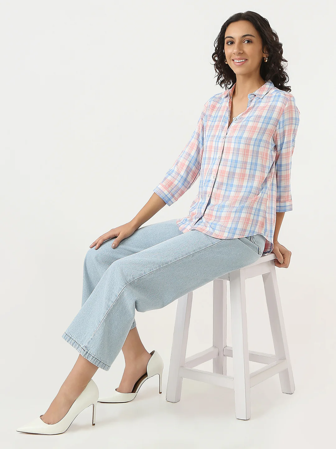 Women Peach/Blue Checks Shirt