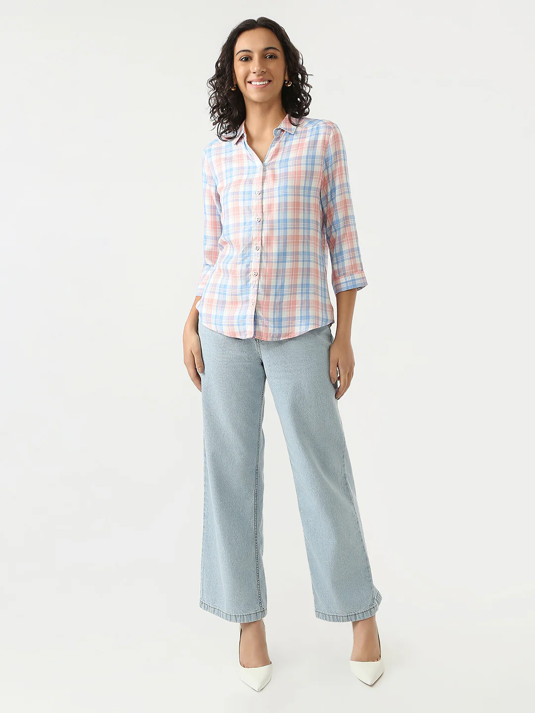 Women Peach/Blue Checks Shirt - Image 4