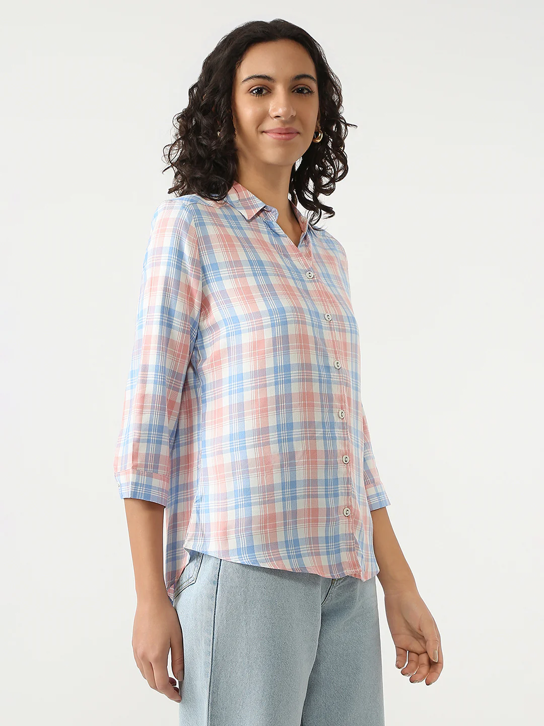 Women Peach/Blue Checks Shirt - Image 5