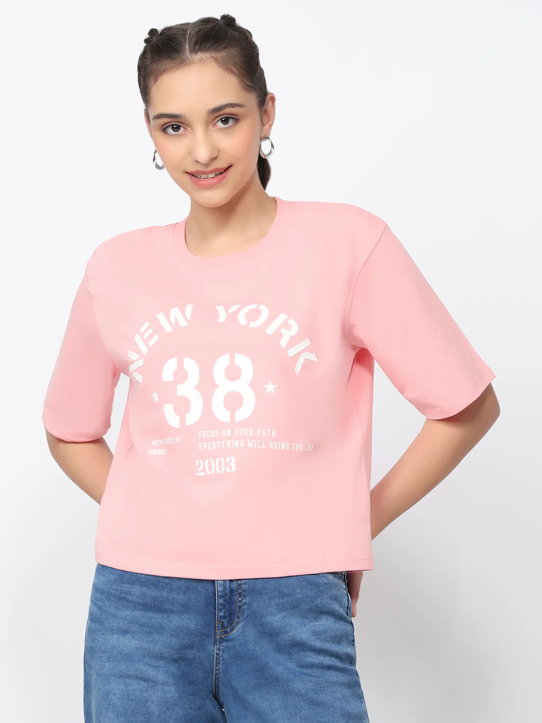 Women Peach Pink Graphic Crop Tees - Image 2