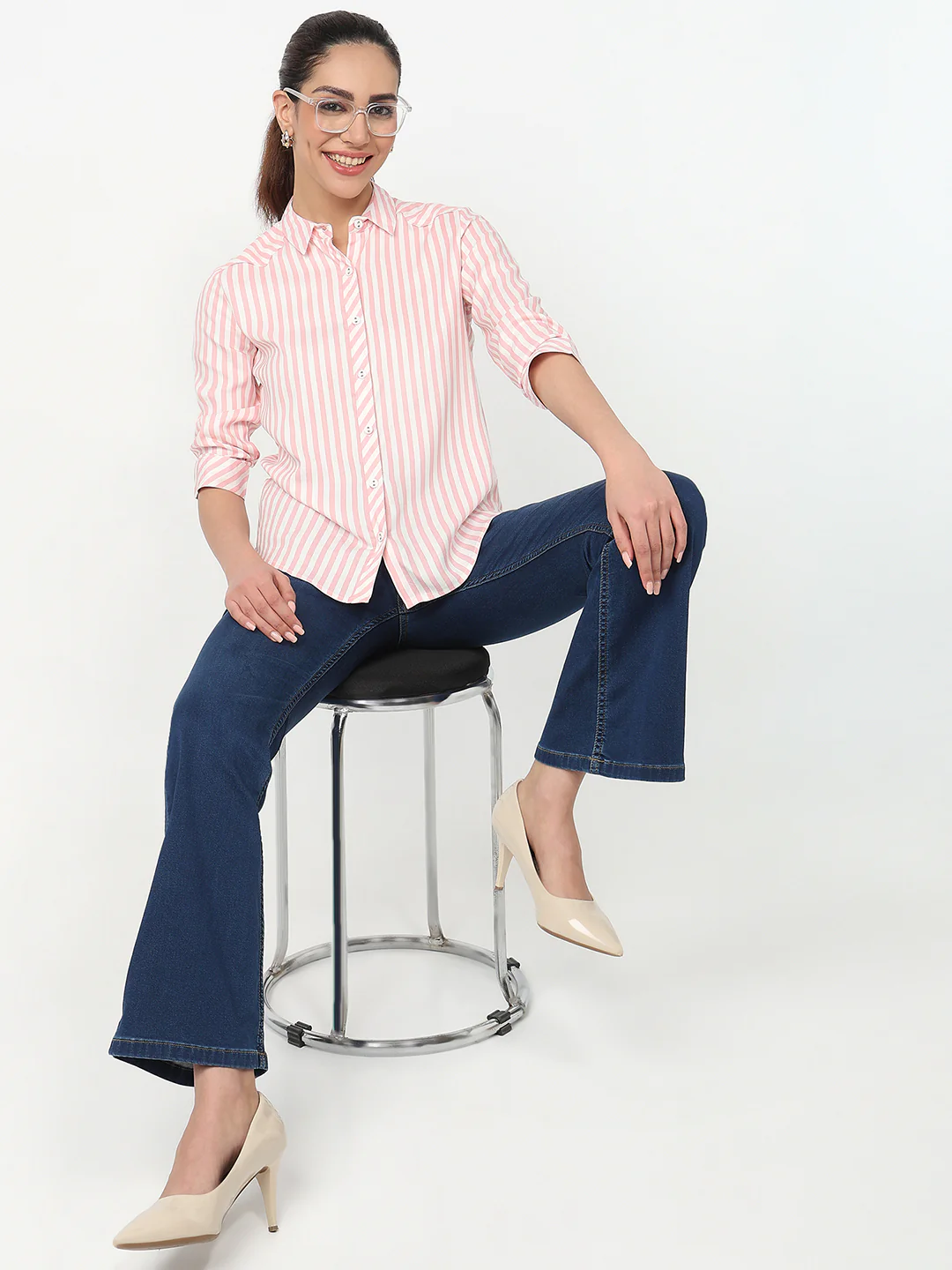 Women Peach Pink/White Striped Shirt
