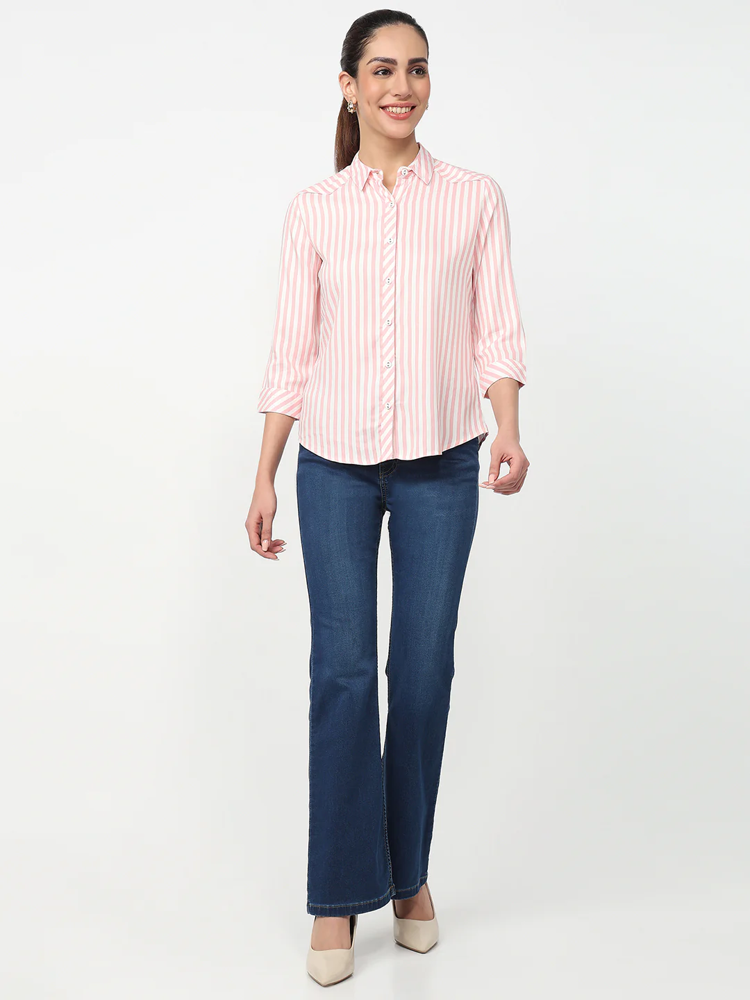 Women Peach Pink/White Striped Shirt - Image 4