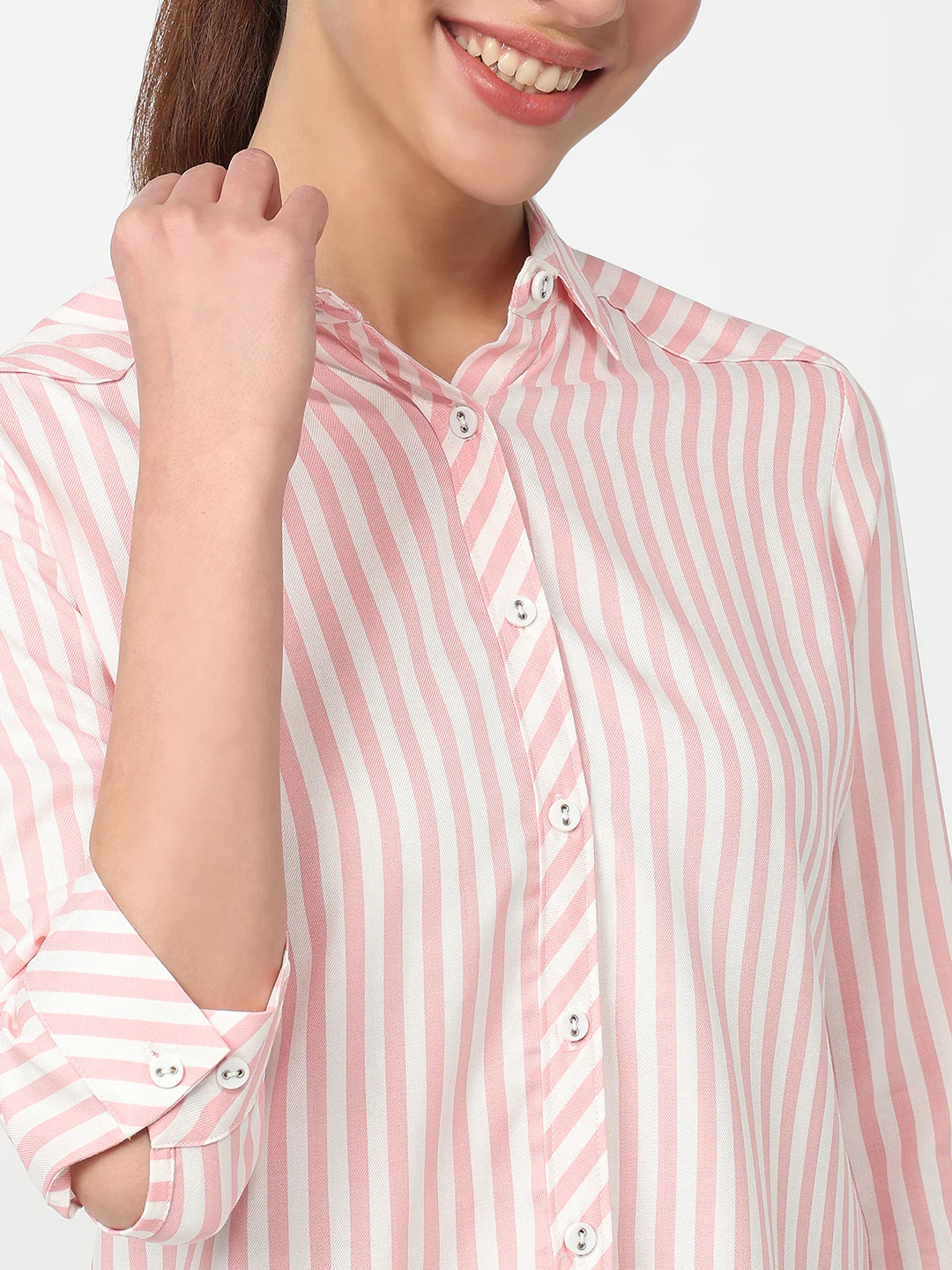 Women Peach Pink/White Striped Shirt - Image 6