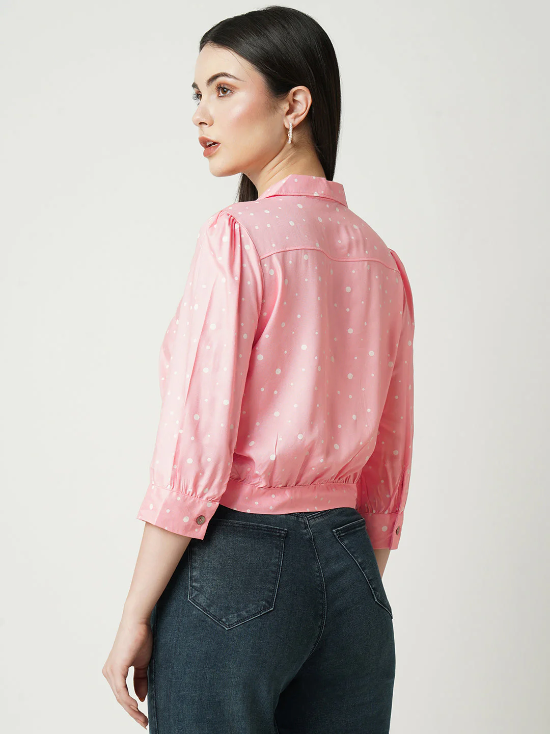 Women Peach Polka Dot Slim Shirt - Image 3