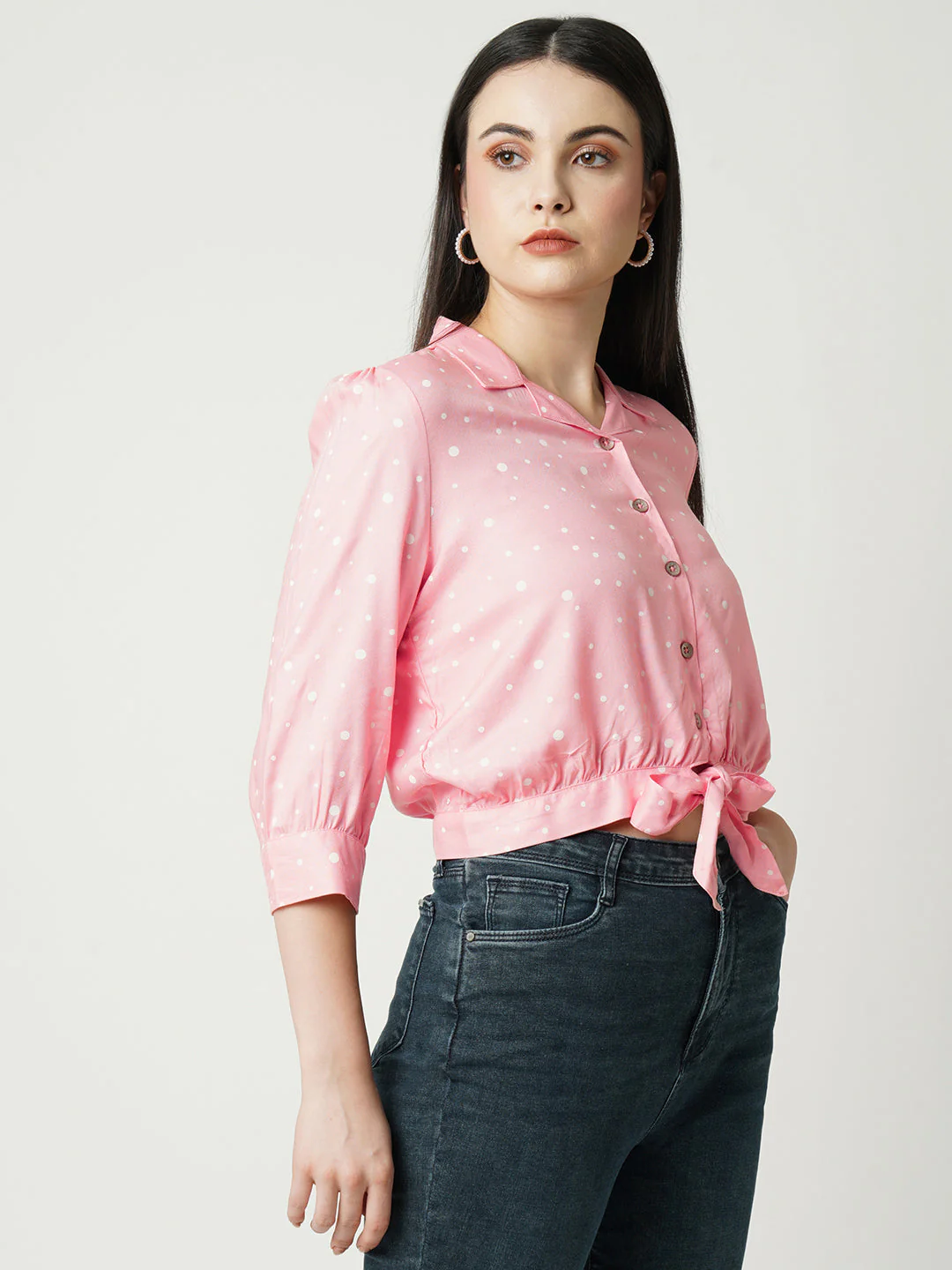 Women Peach Polka Dot Slim Shirt - Image 4