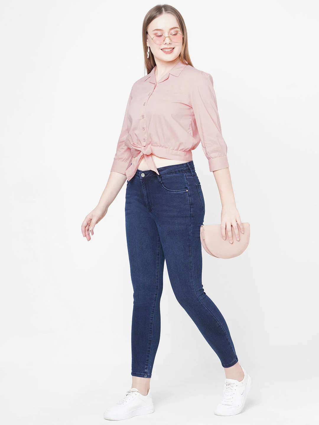 Women Peach Solid Tie-Up Crop Shirt - Image 2