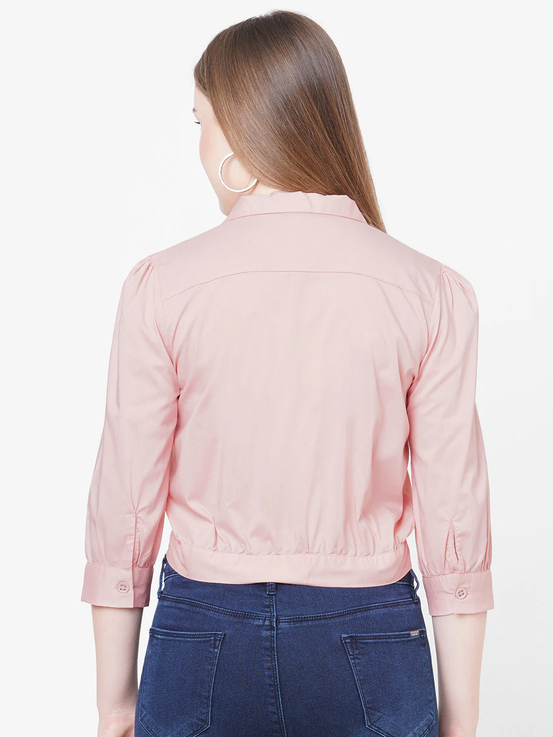 Women Peach Solid Tie-Up Crop Shirt - Image 3