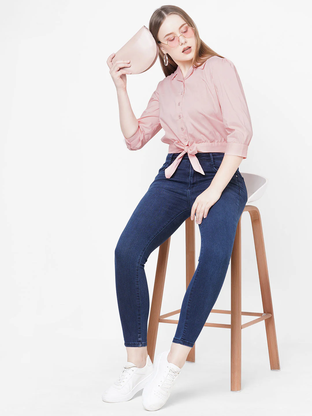 Women Peach Solid Tie-Up Crop Shirt - Image 4