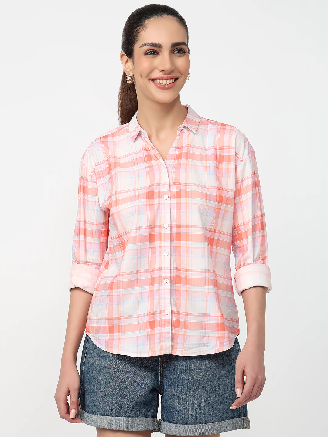 Women Peach/White Checked Shirt - Image 2