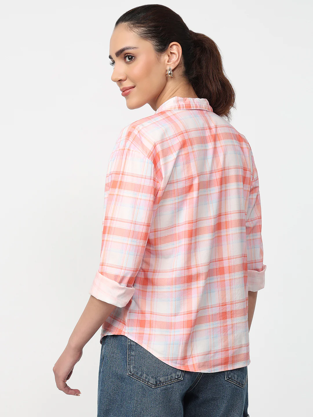 Women Peach/White Checked Shirt - Image 3