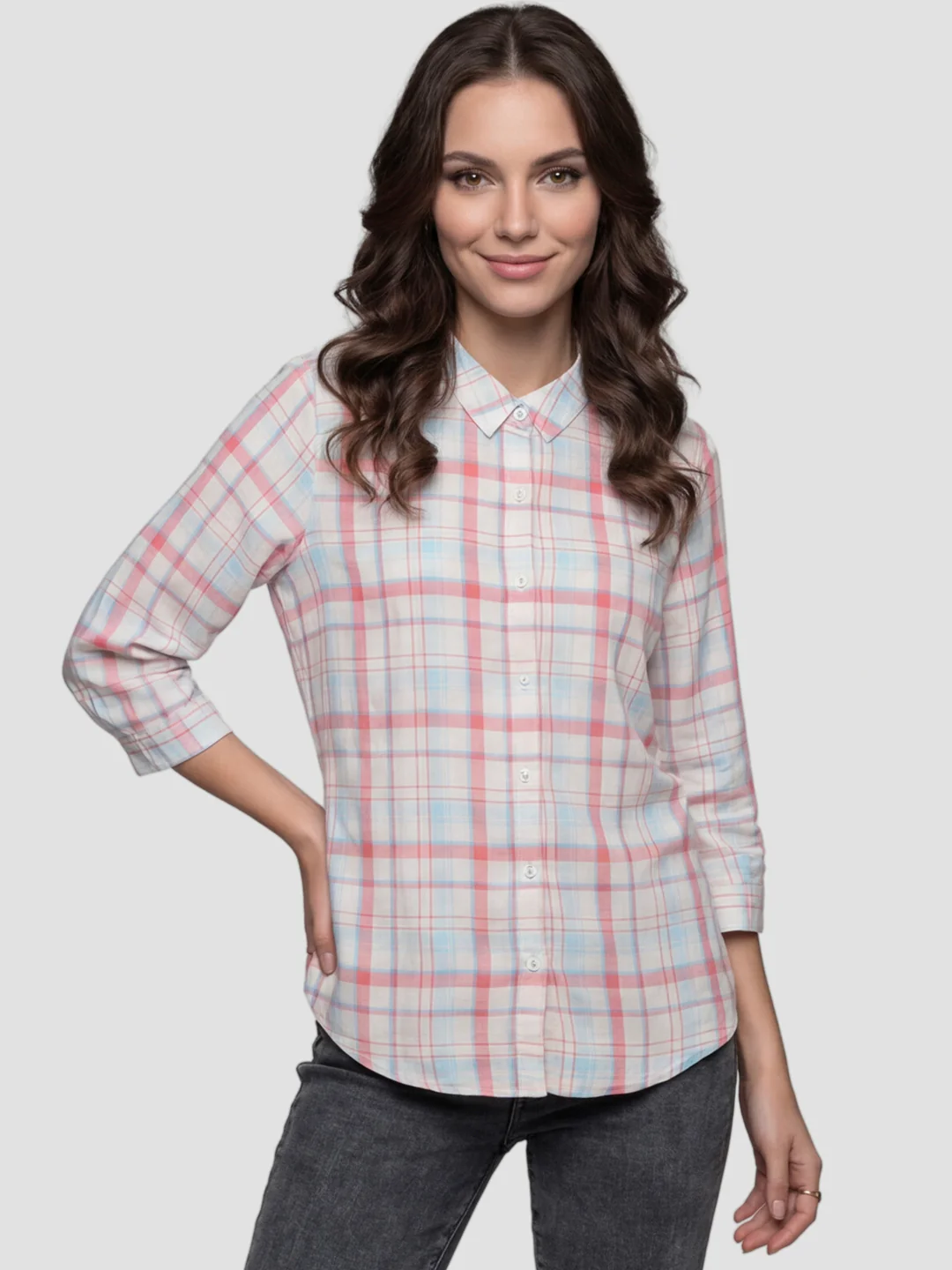 Women Peach/White Checked Shirt - Image 2