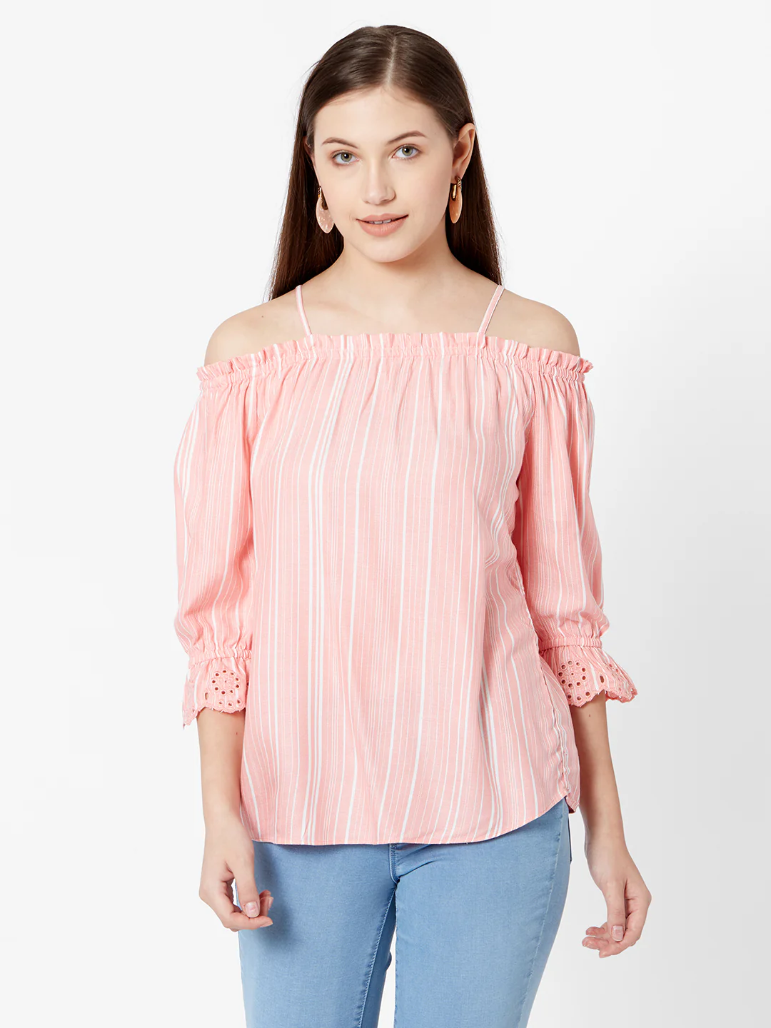 Women Peach/White Off Shoulder Top - Image 2