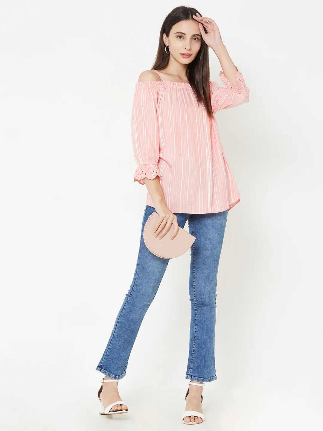 Women Peach-White Slim Top - Image 2