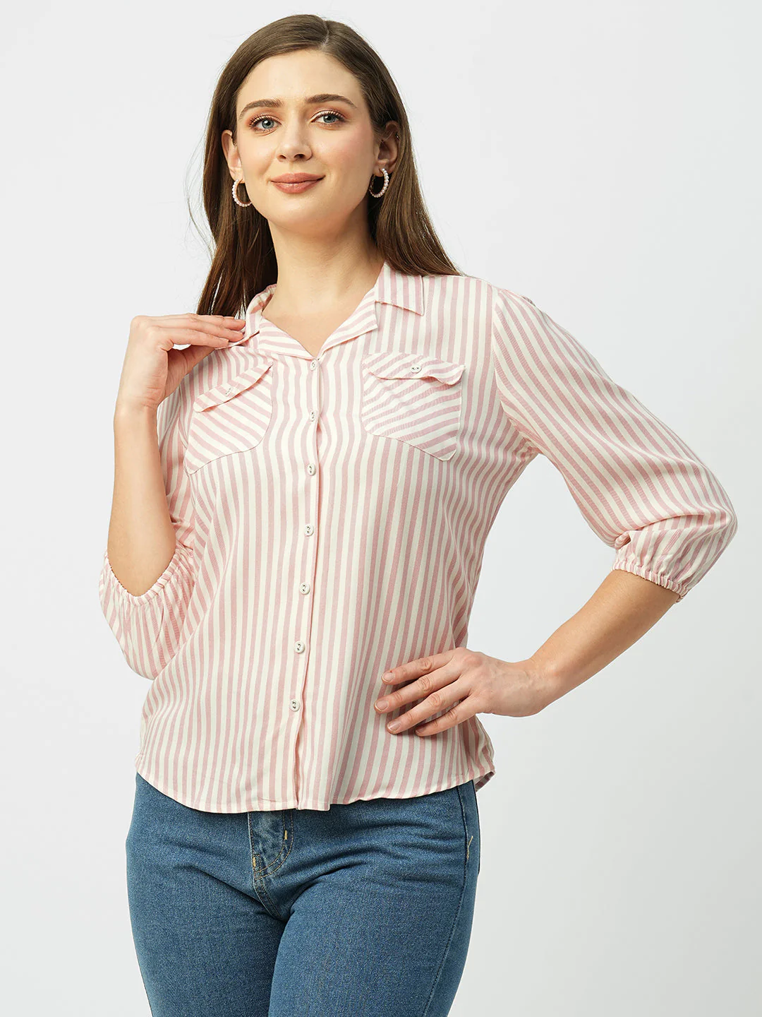 Women Peach & White Striped Slim Shirt