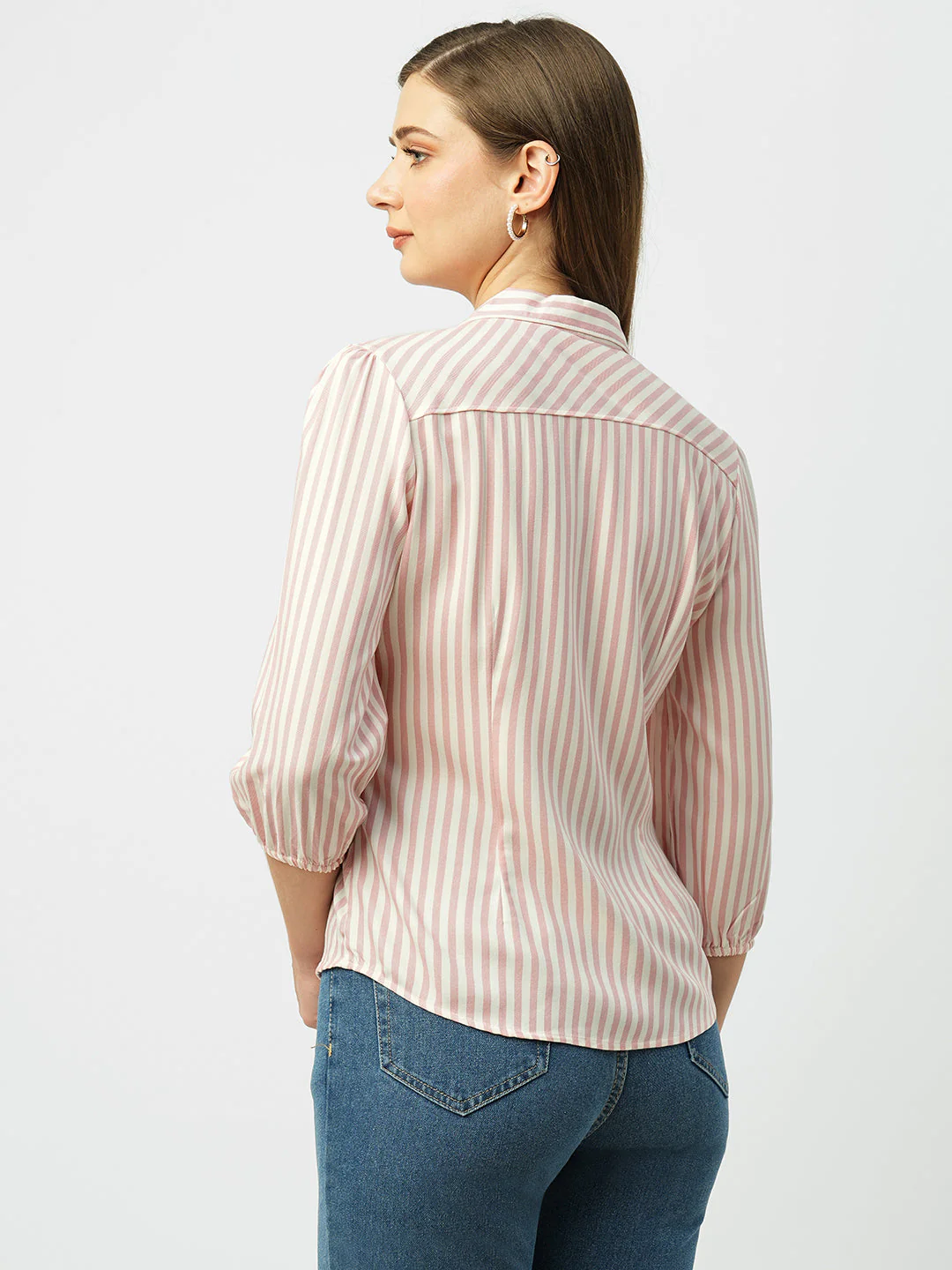 Women Peach & White Striped Slim Shirt - Image 3