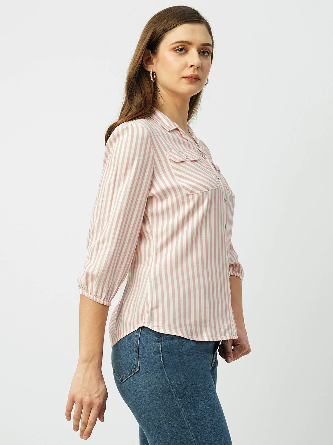 Women Peach & White Striped Slim Shirt - Image 4