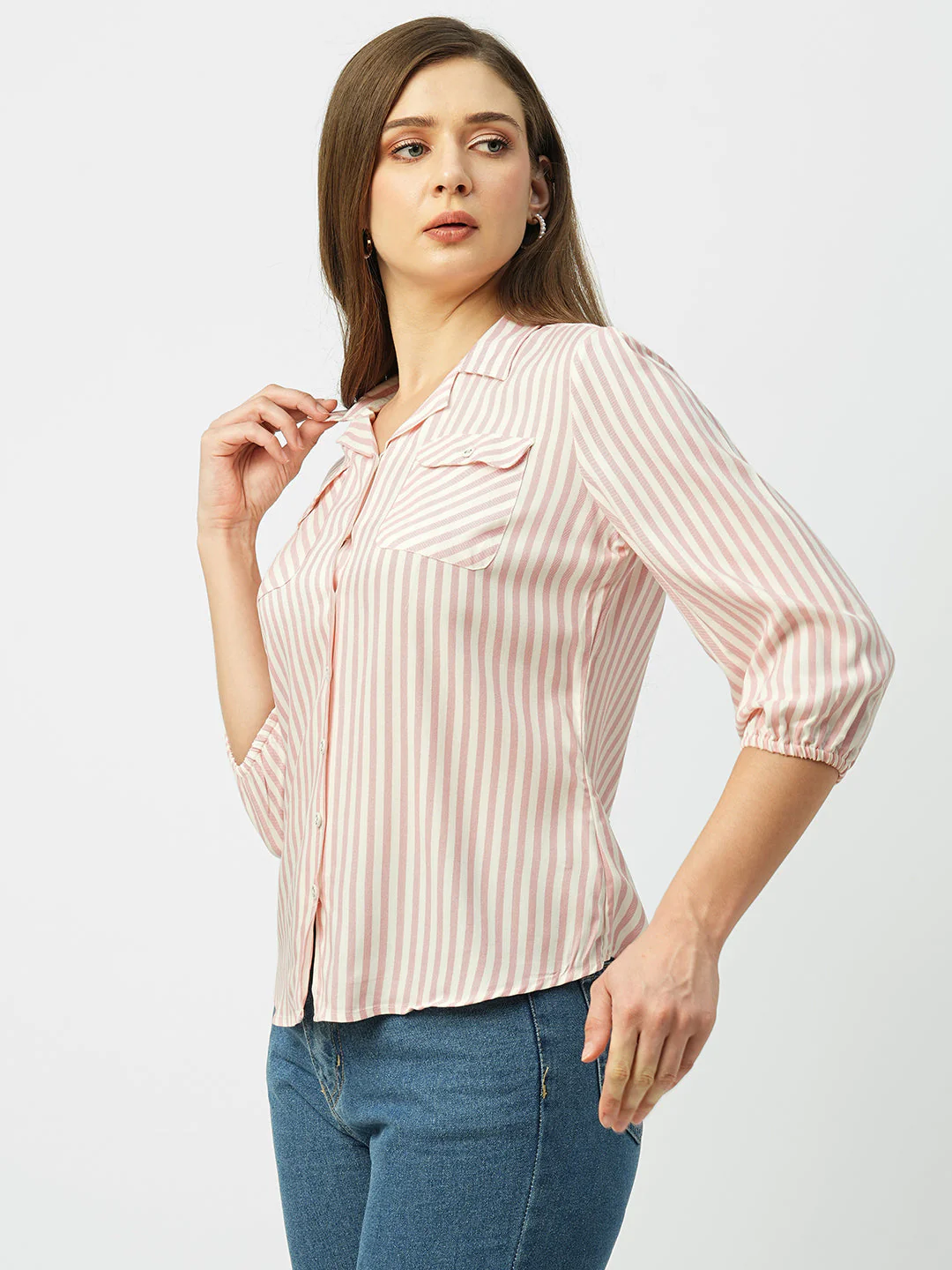 Women Peach & White Striped Slim Shirt - Image 5