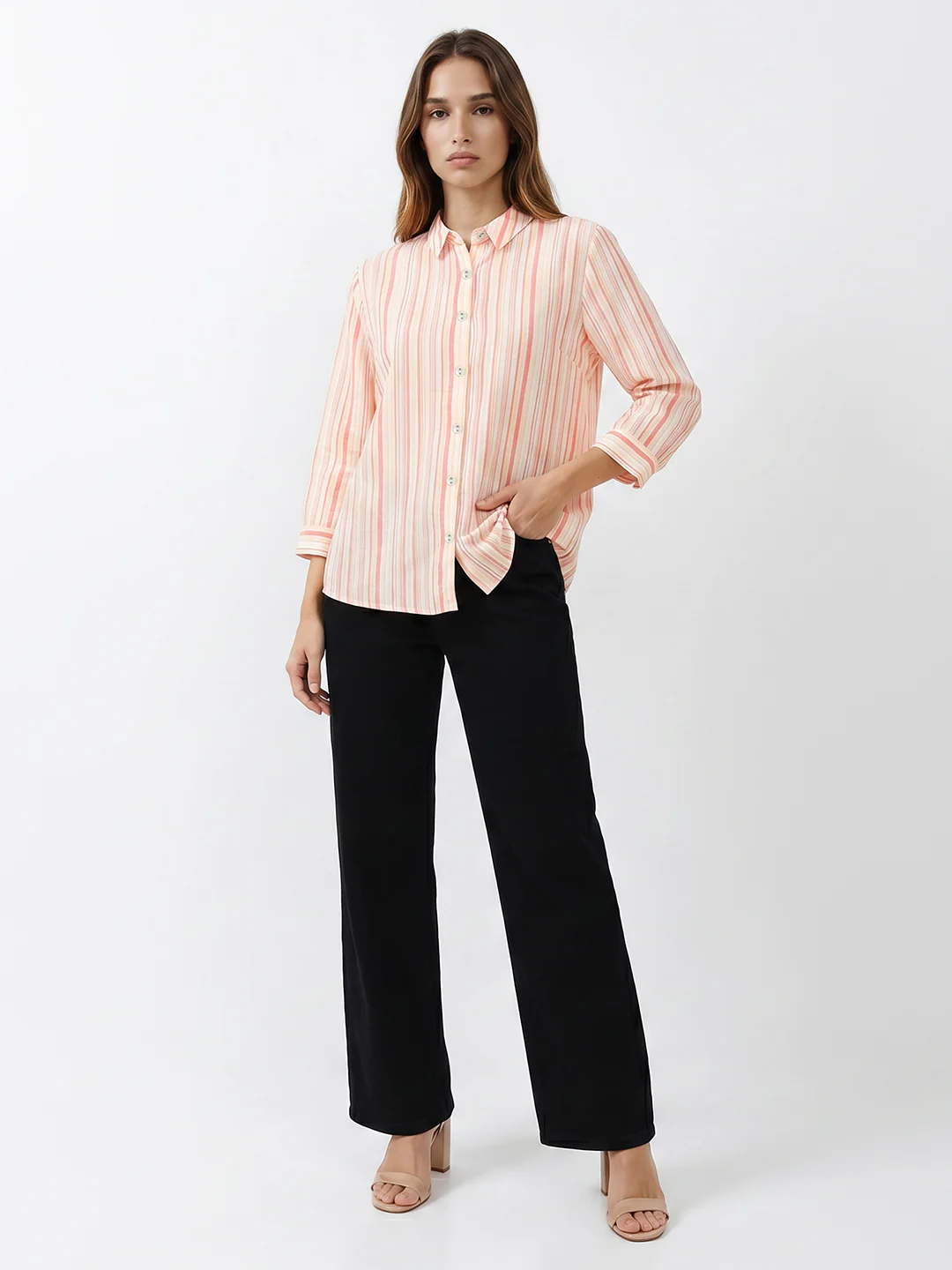 Women Peach/Yellow Striped Shirt - Image 4