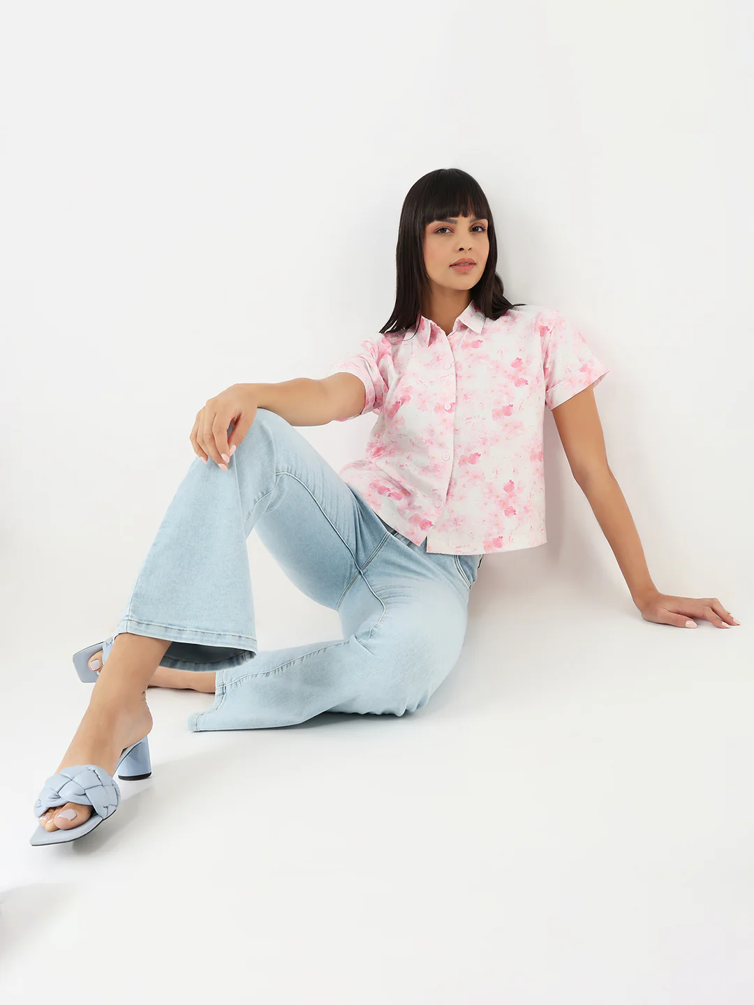 Women Pink Floral Crop Shirt