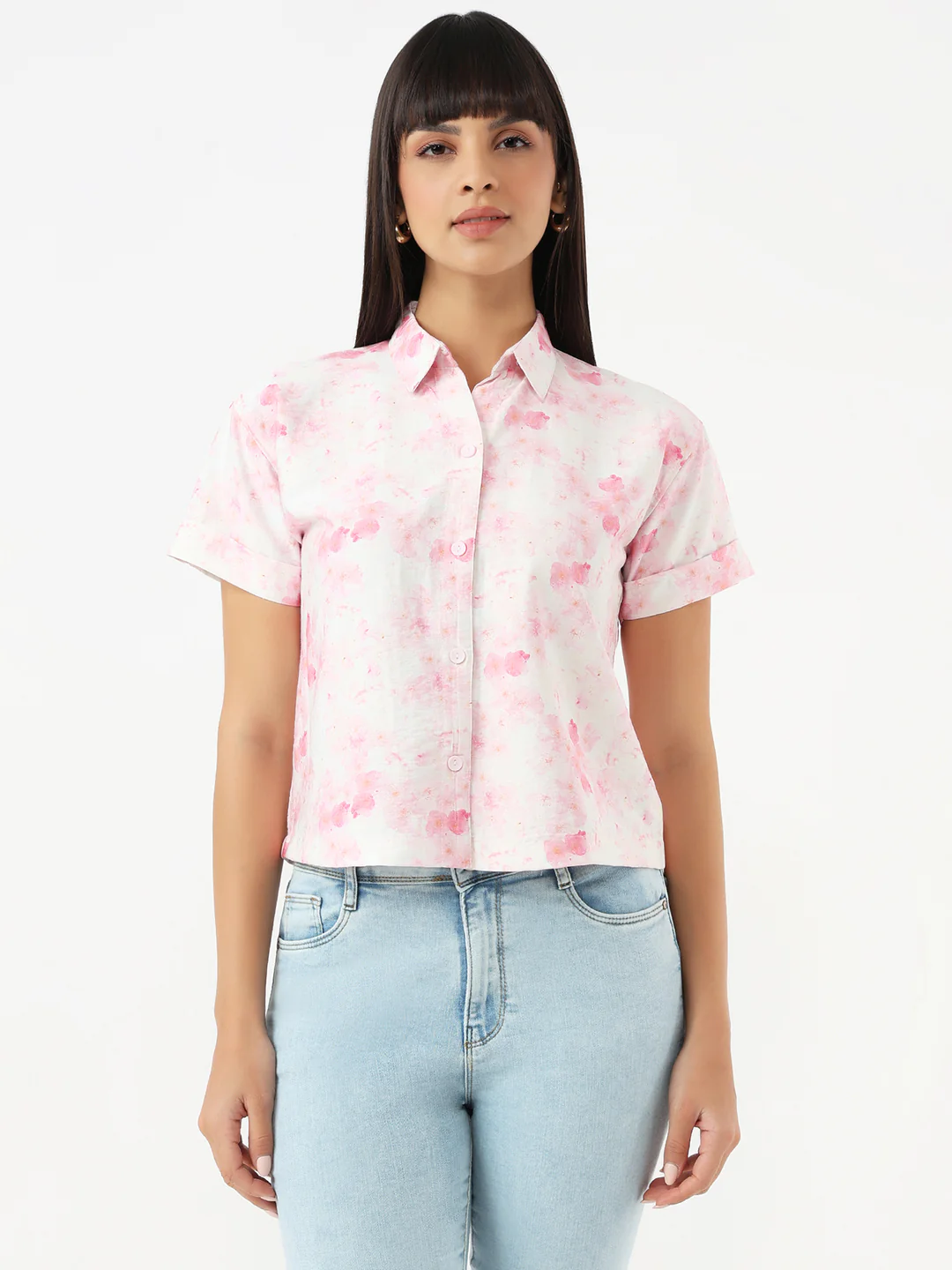 Women Pink Floral Crop Shirt - Image 2