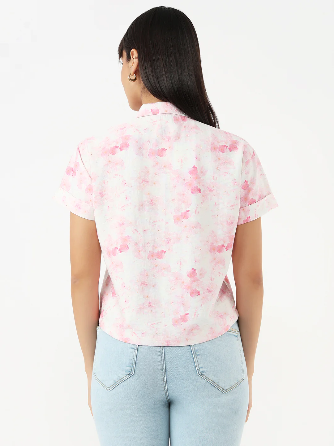 Women Pink Floral Crop Shirt - Image 3