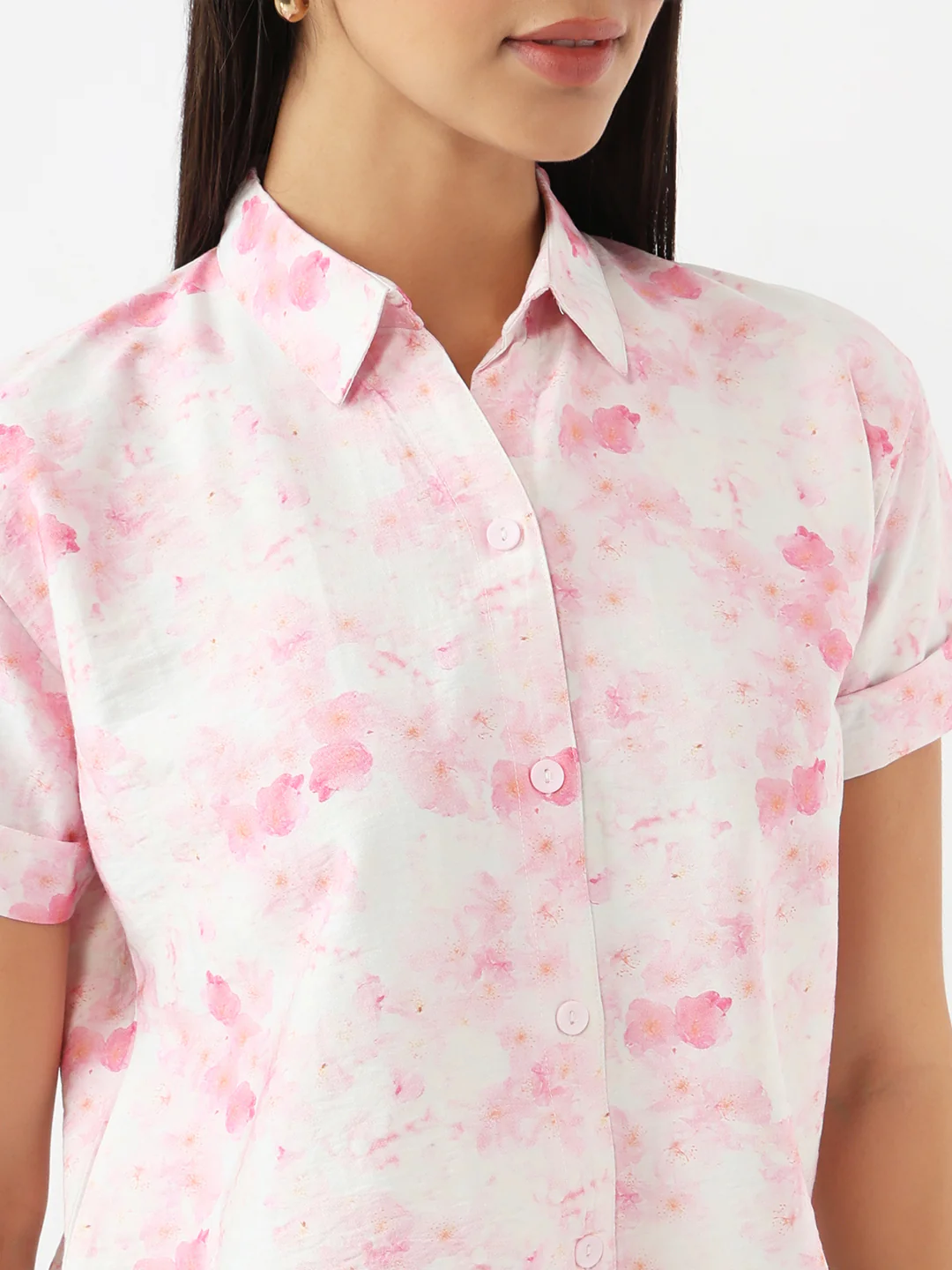 Women Pink Floral Crop Shirt - Image 5