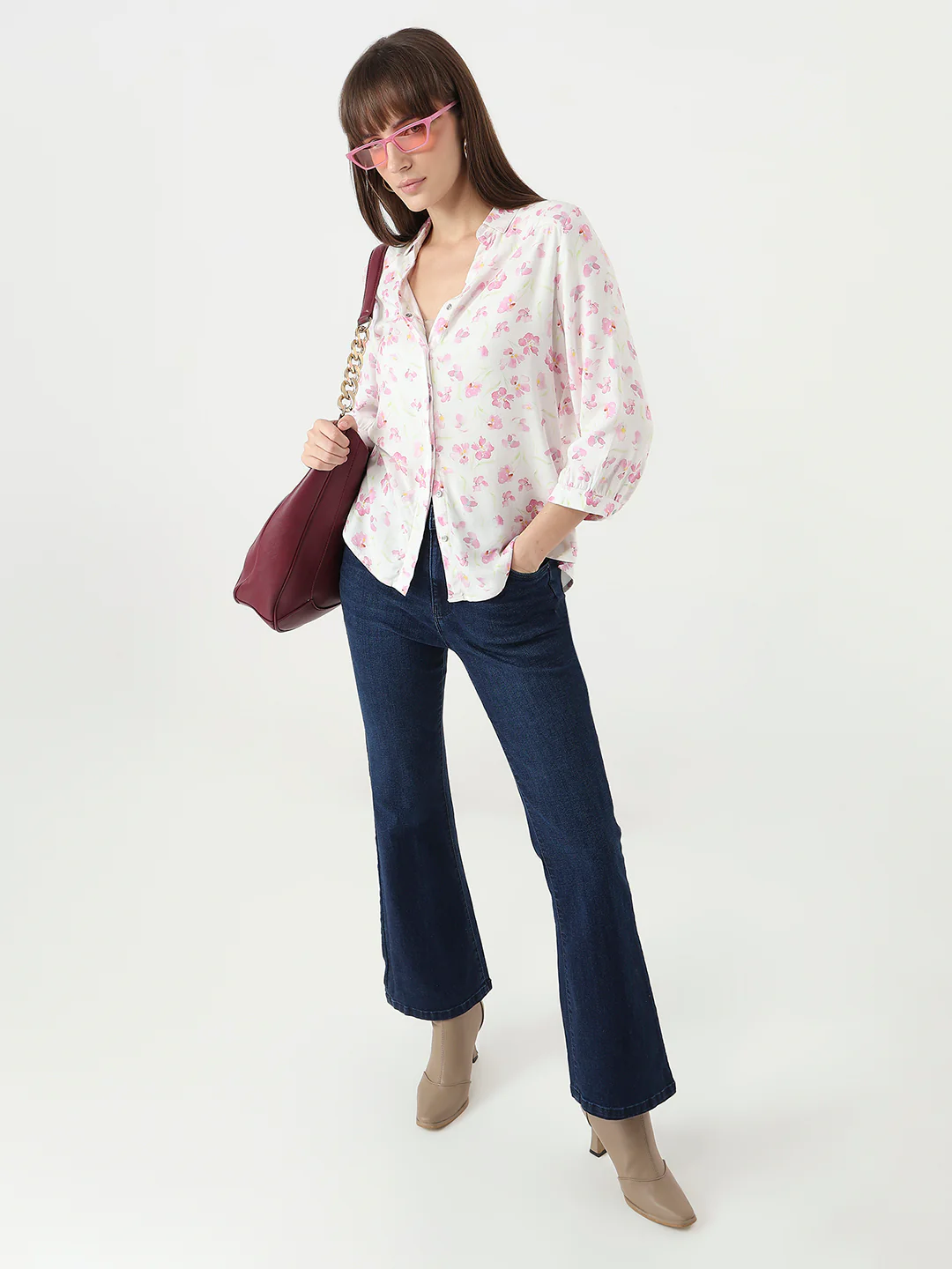 Women Pink Floral Slim Fit Shirt