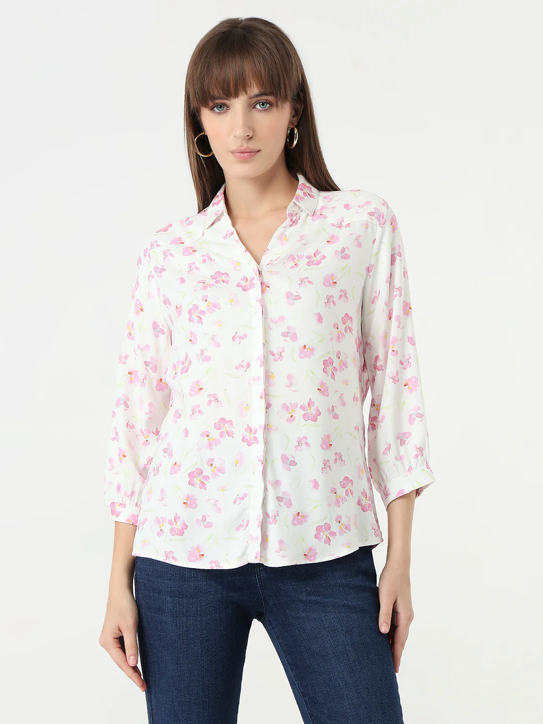 Women Pink Floral Slim Fit Shirt - Image 2
