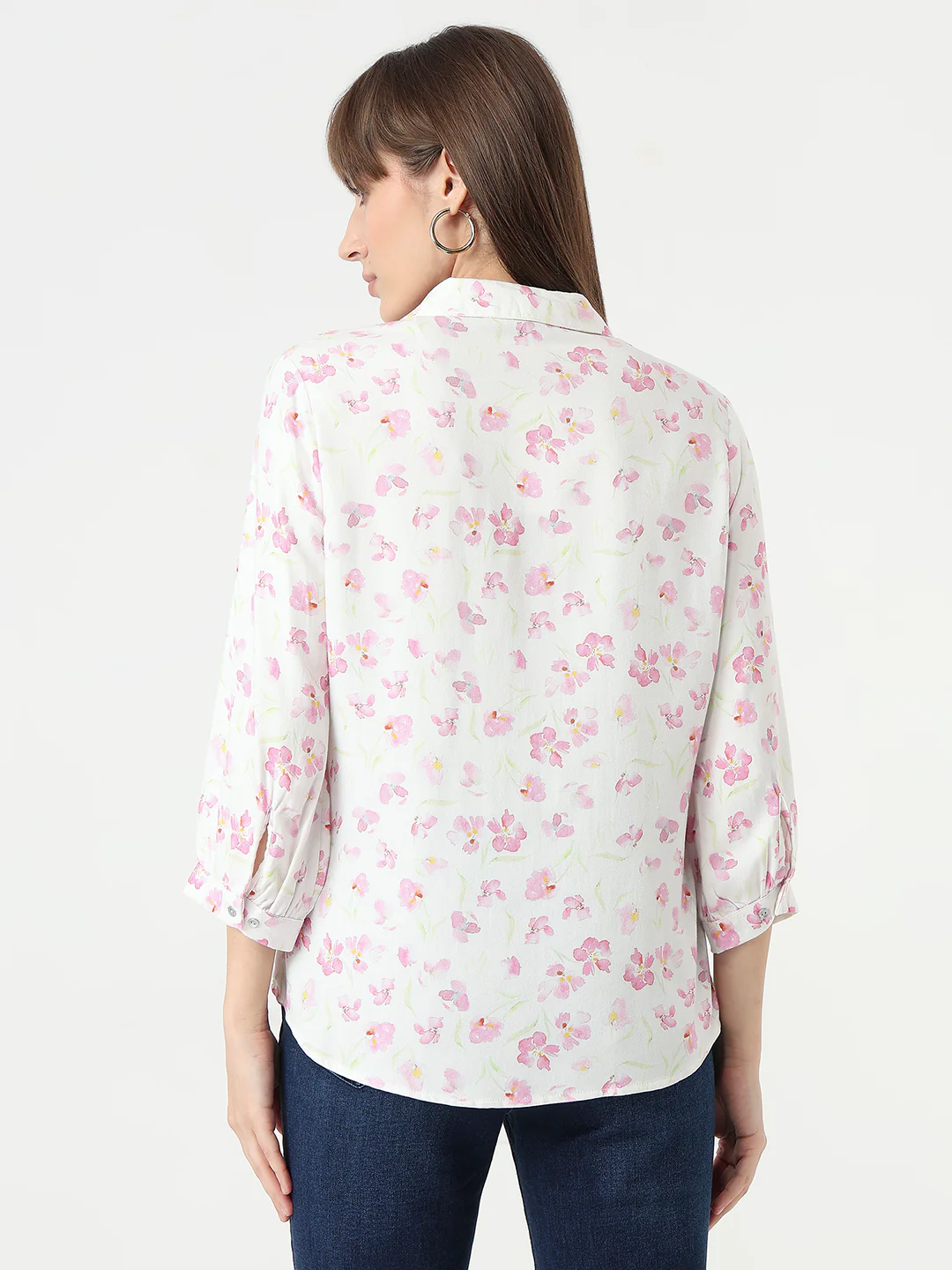 Women Pink Floral Slim Fit Shirt - Image 3