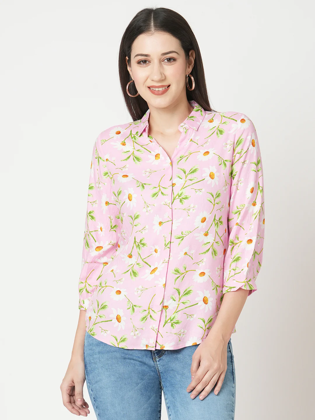Women Pink Floral Slim Shirt