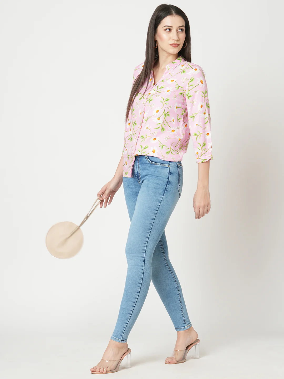 Women Pink Floral Slim Shirt - Image 2