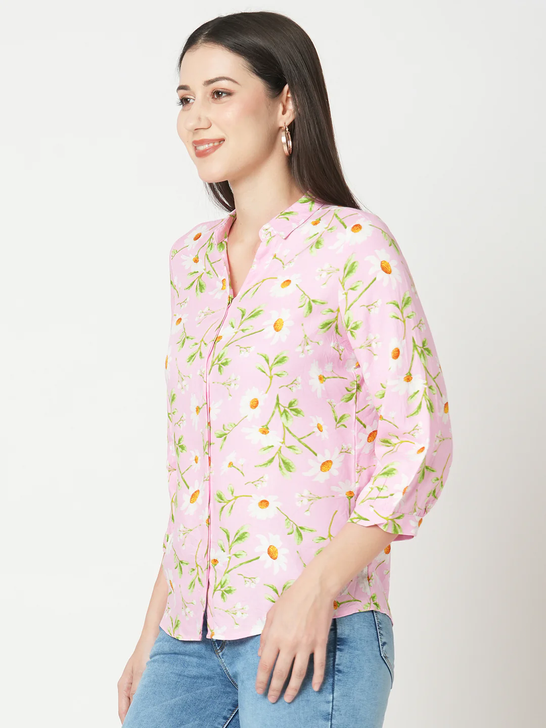 Women Pink Floral Slim Shirt - Image 4