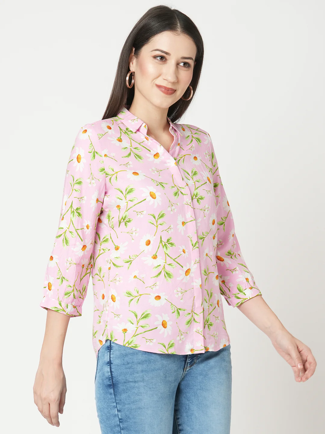 Women Pink Floral Slim Shirt - Image 5