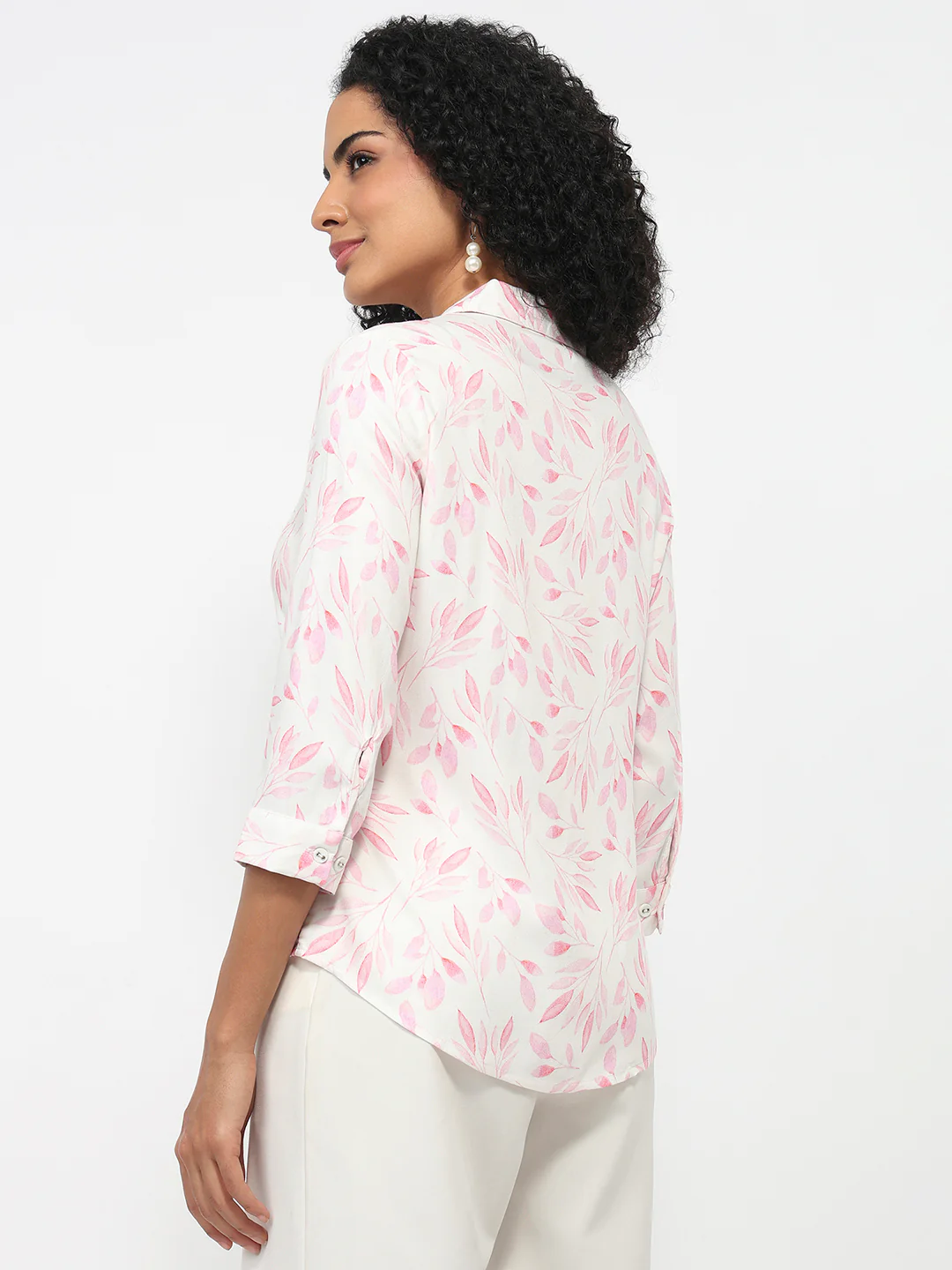 Women Pink Leaf Printed Shirt - Image 3