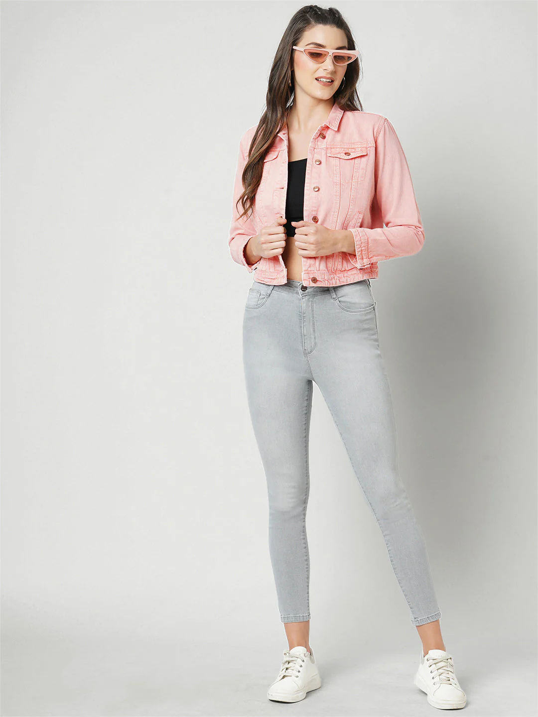 Women Pink Solid Denim Jacket - Image 2