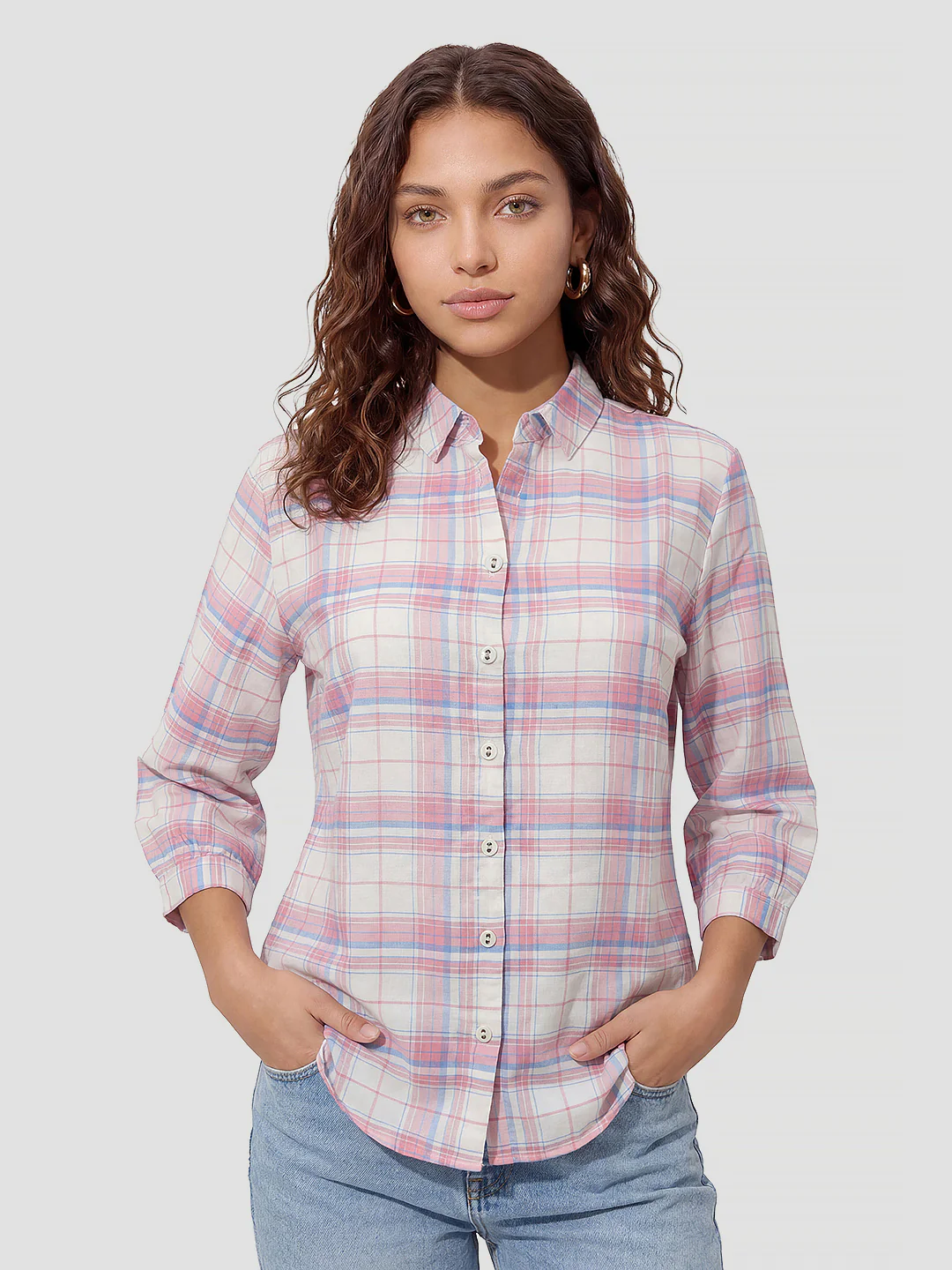 Women Pink/White Checked Shirt - Image 2